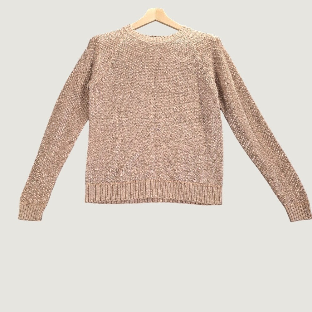 Ivanka Trump Rose Gold Metallic Knit Sweater Womens Crew Neck Raglan Pink Lurex
